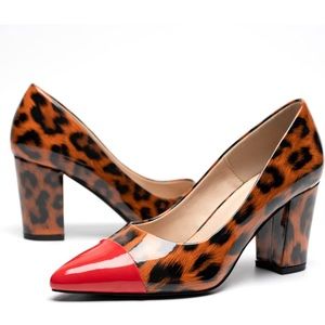 NWT BAYQ leopard print /red chunky heels shoes. Size 8 .9 1/2.